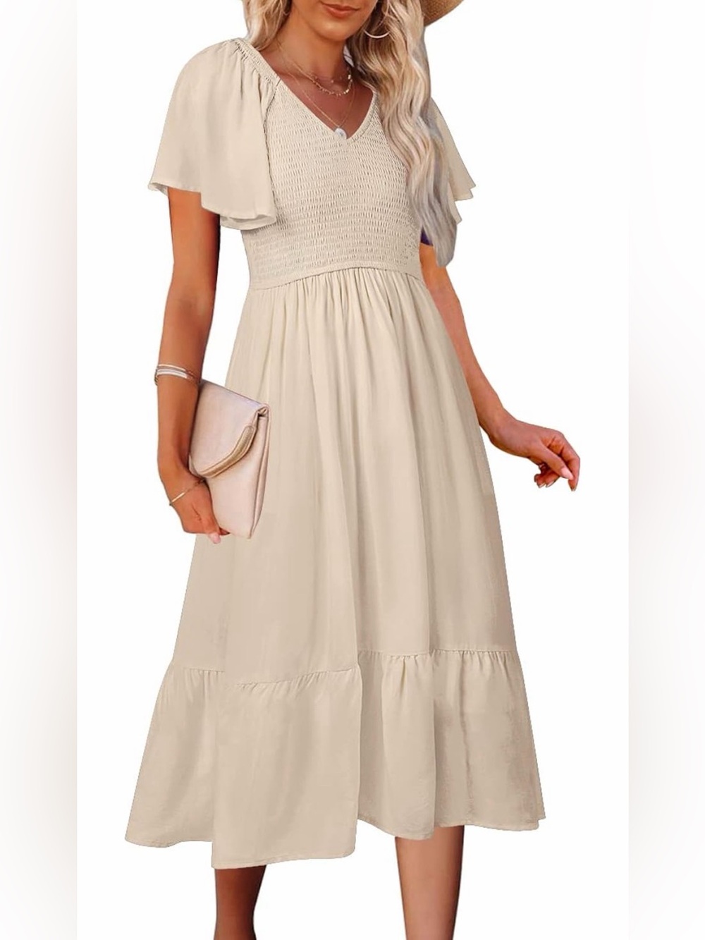 NWT Cream Smocked V-Neck Midi Dress with Flutter Sleeves, Large